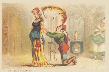 R (Buchstabe gezeigt von einer Dame und einem knienden Diener)