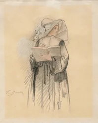 Eine Nonne mit einem Buch und einer Feder
