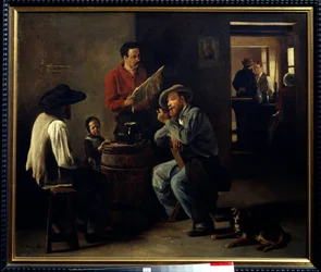 Kabarett-Interieur. Zwei Männer sitzen in einer Taverne und hören die Zeitungslesung.