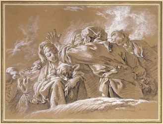 Eine Mutter und Kind und andere Figuren von unten gesehen (Kreide)