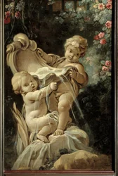 Türpaneel des Wohnzimmers Demarteau: Brunnen mit zwei Liebenden, von denen einer kniet. Gemälde von François Boucher (1703-1770)