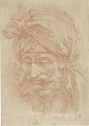 Kopf eines bärtigen Orientalen mit Turban, von vorne, nach unten blickend