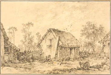 Landschaft mit rustikalem Häuschen