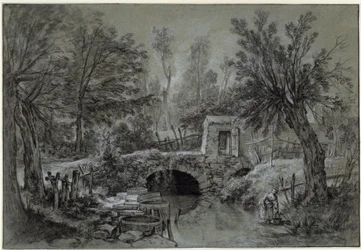 Landschaft mit Bach und Brücke