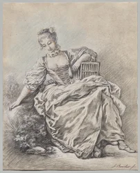 Sitzende Frau mit Vogelkäfig