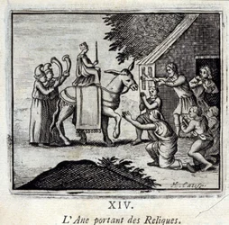 Der Esel, der Reliquien trägt. Fabeln von Jean de La Fontaine. Illustration von François Chauveau. Ausgabe von 1728.