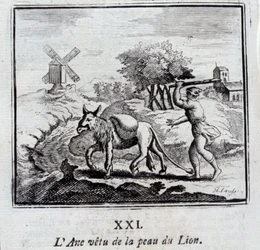 Der Esel im Löwenfell. Fabeln von Jean de La Fontaine. Illustration von François Chauveau. Ausgabe von 1728.
