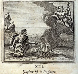 Jupiter und der Passagier. Fabeln von Jean de La Fontaine. Illustration von François Chauveau. Ausgabe von 1728.