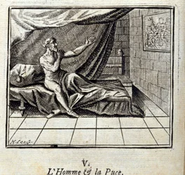 Der Mann und der Floh. Fabeln von Jean de La Fontaine. Illustration von François Chauveau. Ausgabe von 1728.