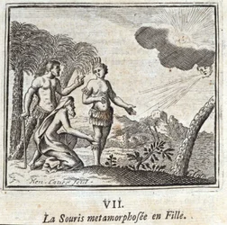 Die Maus, die in ein Mädchen verwandelt wurde. Fabeln von Jean de La Fontaine. Illustration von François Chauveau. Ausgabe von 1728.
