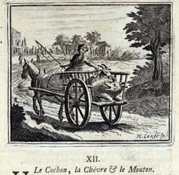 Das Schwein, die Ziege und das Schaf. Fabeln von Jean de La Fontaine. Illustration von François Chauveau. Ausgabe von 1728.