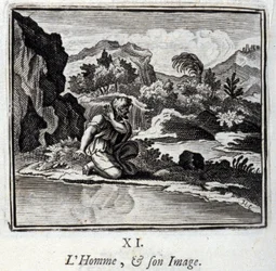 Der Mensch und sein Bild. Fabeln von Jean de La Fontaine. Illustration von François Chauveau. Ausgabe von 1728.