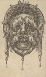 Maske mit langen Augenbrauen und Schnurrbart und einem Kopfschmuck mit baumelndem Tuch, aus Dive..., ca. 1635-45