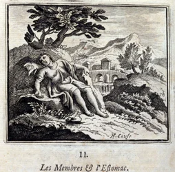 Glieder und Magen. Fabeln von Jean de La Fontaine. Illustration von François Chauveau. Ausgabe von 1728.