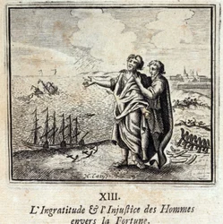 Undankbarkeit und Ungerechtigkeit der Menschen gegenüber dem Glück. Fabeln von Jean de La Fontaine. Illustration von François Chauveau. Ausgabe von 1728.