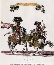 Persischer Trommler und Trompeter während des Karussells von König Ludwig XIV. (1639-1715). Stich von Francois Chauveau (1613-1676) um 1662. Private Sammlung
