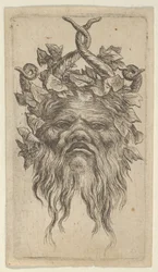 Satyrmaske mit gebogenen Hörnern und einem Efeukranz, aus Divers Masques