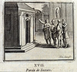 Das Wort des Sokrates. Fabeln von Jean de La Fontaine. Illustration von François Chauveau. Ausgabe von 1728.
