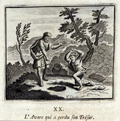 Der Geizige, der seinen Schatz verlor. Fabeln von Jean de La Fontaine. Illustration von François Chauveau. Ausgabe von 1728.
