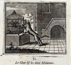Die Katze und die zwei Spatzen. Fabeln von Jean de La Fontaine. Illustration von François Chauveau. Ausgabe von 1728.