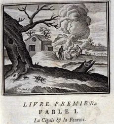 Die Zikade und die Ameise. Fabeln von Jean de La Fontaine. Illustration von François Chauveau. Ausgabe von 1728.
