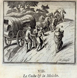 Der Karren und die Fliege. Fabeln von Jean de La Fontaine. Illustration von François Chauveau. Ausgabe von 1728