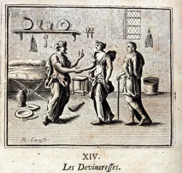 Die Wahrsagerinnen. Fabeln von Jean de La Fontaine. Illustration von François Chauveau. Ausgabe von 1728