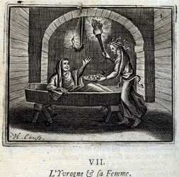 Der Betrunkene und seine Frau. Fabeln von Jean de La Fontaine (1621-95). Illustration von François Chauveau (1613-1676). Ausgabe von 1728.