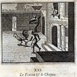 Der Falke und der Kapaun. Fabeln von Jean de La Fontaine. Illustration von François Chauveau. Ausgabe von 1728.