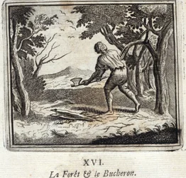 Der Wald und der Holzfäller. Fabeln von Jean de La Fontaine (1621-95). Illustration von François Chauveau (1613-1676). Ausgabe von 1728