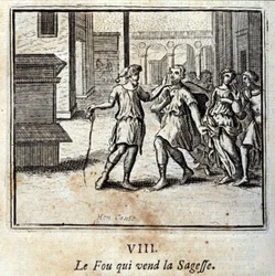 Der Narr, der Weisheit verkauft. Fabeln von Jean de La Fontaine. Illustration von François Chauveau. Ausgabe von 1728.