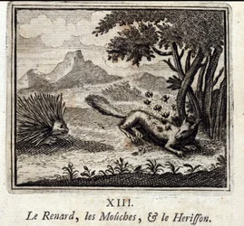 Der Fuchs, die Fliegen und der Igel. Fabeln von Jean de La Fontaine. Illustration von François Chauveau. Ausgabe von 1728.