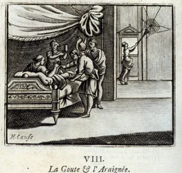 Die Gicht und die Spinne. Fabeln von Jean de La Fontaine. Illustration von François Chauveau. Ausgabe von 1728.
