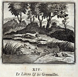Der Hase und die Frösche. Fabeln von Jean de La Fontaine (1621-95). Illustration von François Chauveau (1613-1676). Ausgabe von 1728.