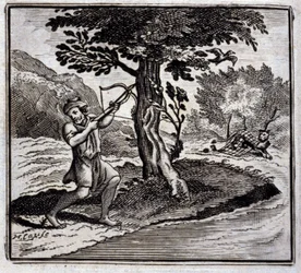 Der Löwe und die Ratte. Fabeln von Jean de La Fontaine. Illustration von François Chauveau. Ausgabe von 1728.