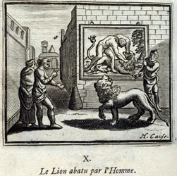 Der von einem Mann erschossene Löwe. Fabeln von Jean de La Fontaine (1621-95). Illustration von François Chauveau (1613-1676). Ausgabe von 1728.