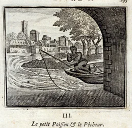 Der kleine Fisch und der Fischer. Fabeln von Jean de La Fontaine (1621-95). Illustration von François Chauveau (1613-1676). Ausgabe von 1728