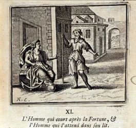 Der Mann, der dem Glück nachjagt, und der Mann, der im Bett auf ihn wartet. Fabeln von Jean de La Fontaine (1621-95). Illustration von François Chauveau (1613-1676). Ausgabe von 1728