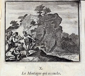 Der Berg, der gebiert. Fabeln von Jean de La Fontaine. Illustration von François Chauveau. Ausgabe von 1728.