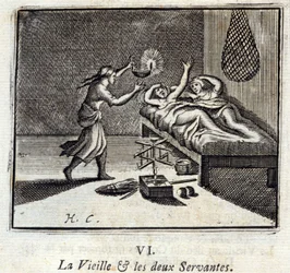 Die alte Dame und die zwei Diener. Fabeln von Jean de La Fontaine. Illustration von François Chauveau. Ausgabe von 1728.