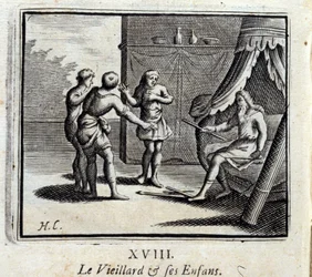 Der alte Mann und seine Kinder. Fabeln von Jean de La Fontaine. Illustration von François Chauveau. Ausgabe von 1728.