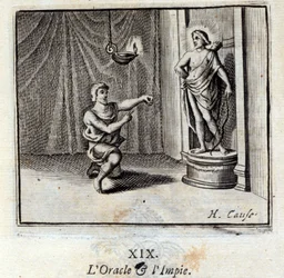 Das Orakel und der Gottlose. Fabeln von Jean de La Fontaine. Illustration von François Chauveau. Ausgabe von 1728.