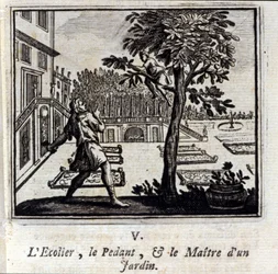 Die Pedantenschule und der Meister eines Gartens. Fabeln von Jean de La Fontaine. Illustration von François Chauveau. Ausgabe von 1728.