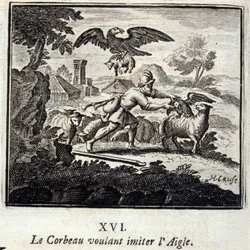 Der Rabe, der den Adler nachahmen wollte. Fabeln von Jean de La Fontaine. Illustration von François Chauveau. Ausgabe von 1728.