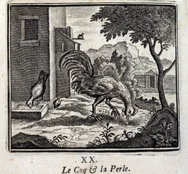Der Hahn und die Perle. Fabeln von Jean de La Fontaine (1621-95). Illustration von François Chauveau (1613-1676). Ausgabe von 1728.
