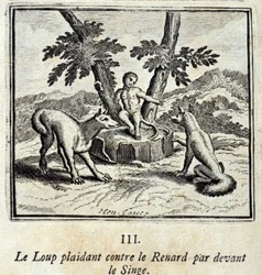 Der Wolf klagt gegen den Fuchs vor dem Affen. Fabeln von Jean de La Fontaine (1621-95). Illustration von François Chauveau (1613-1676). Ausgabe von 1728.