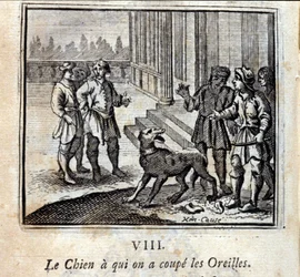 Der Hund, dem man die Ohren abgeschnitten hat. Fabeln von Jean de La Fontaine. Illustration von François Chauveau. Ausgabe von 1728.