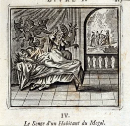 Der Traum eines Mogul-Bewohners. Fabeln von Jean de La Fontaine. Illustration von François Chauveau. Ausgabe von 1728.