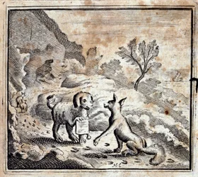 Der kranke Löwe und der Fuchs. Fabeln von Jean de La Fontaine. Illustration von François Chauveau. Ausgabe von 1728.