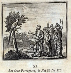 Die zwei Papageien, der König und sein Sohn. Fabeln von Jean de La Fontaine. Illustration von François Chauveau. Ausgabe von 1728.